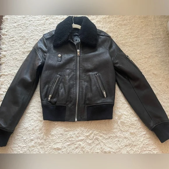 Diesel black leather bomber jacket removable shearling collar vintage XS - Picture 2 of 6